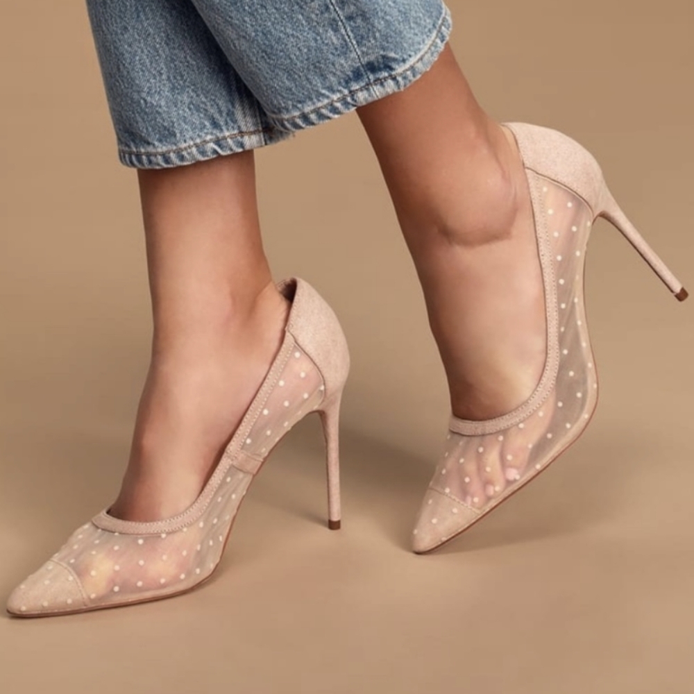 Lulu's Nude Mesh Polka Dot Heels
